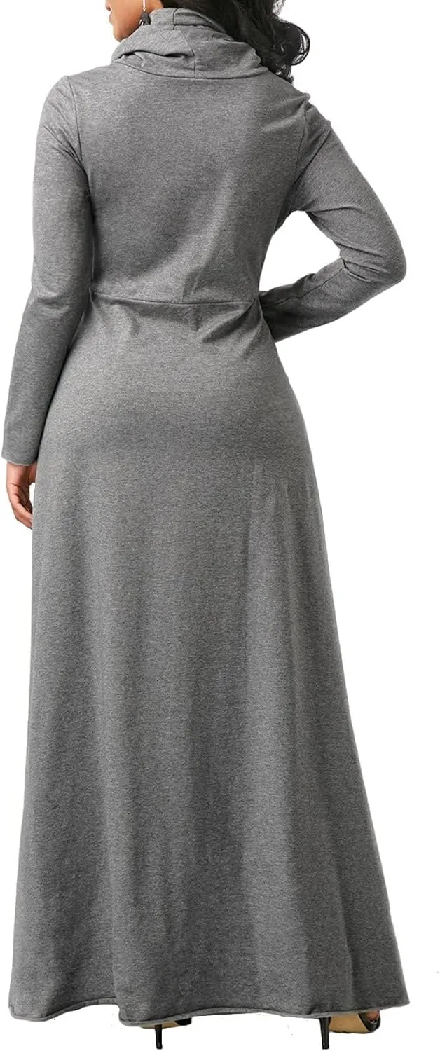 Long Sleeve Hooded Loose Maxi Dress for Women Turtleneck Solid Color Pullover Hoodie Dresses