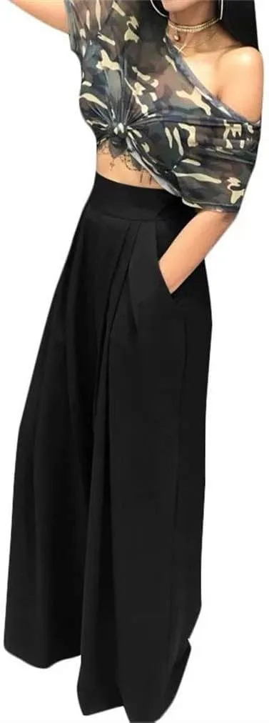 LROSEY Women Casual Stretchy Wide Leg Palazzo Pants with Pockets Flowy Dress Pants High Waisted Trousers