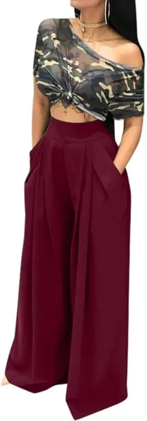 LROSEY Women Casual Stretchy Wide Leg Palazzo Pants with Pockets Flowy Dress Pants High Waisted Trousers
