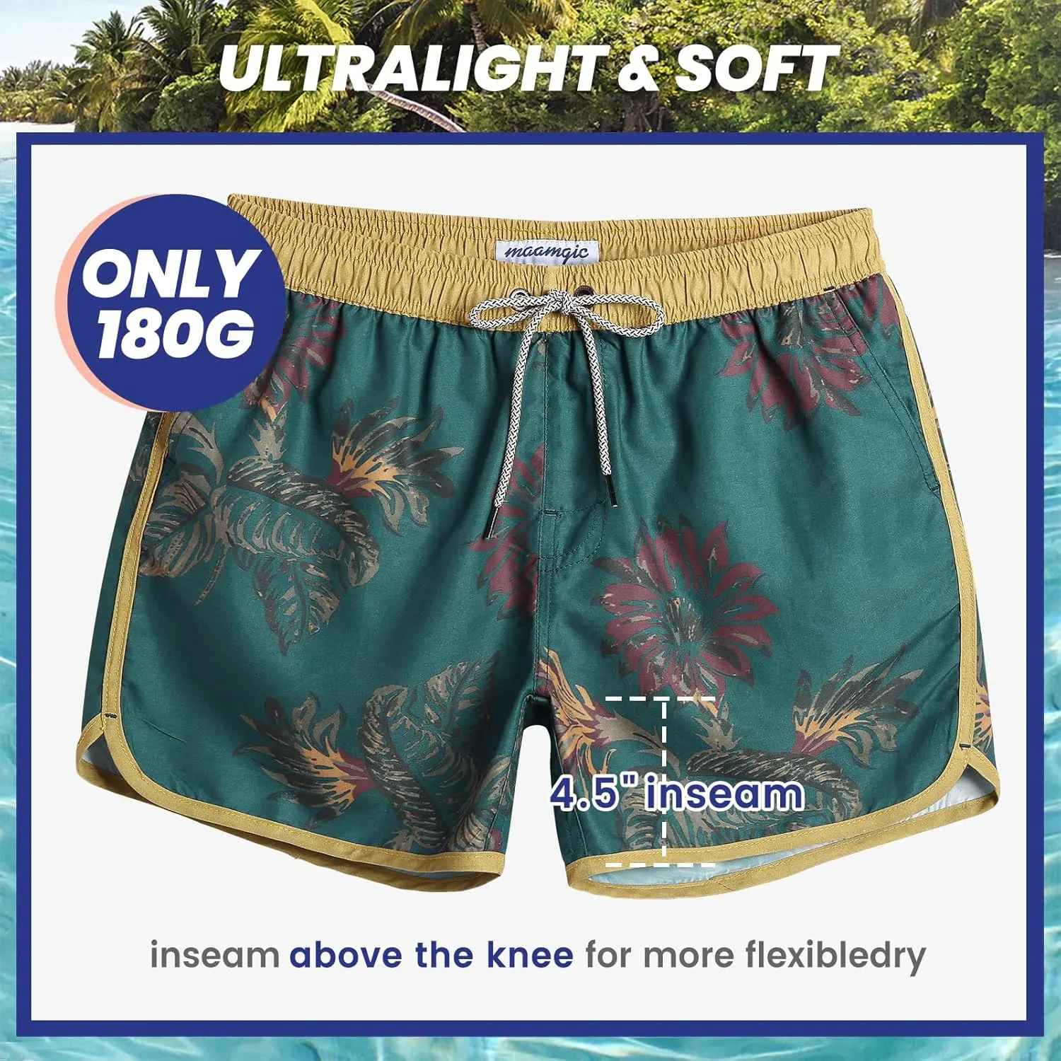 maamgic Mens Boys Short 80s 90s Vintage Swim Trunks with Mesh Lining Quick Dry Swim Suits Board Shorts