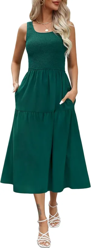 Maggeer Women's 2025 Summer Spring Sleeveless Smocked Tiered Scoop Neck Midi Tank Top Dress with Pockets