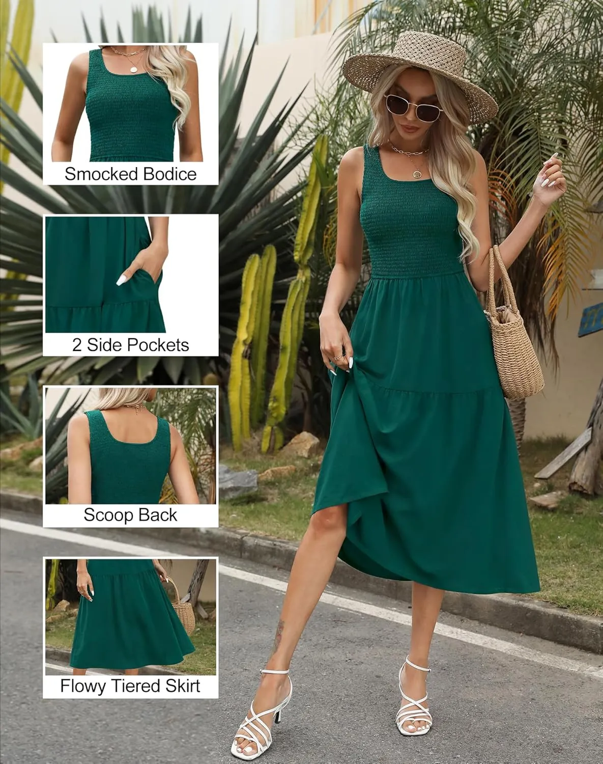 Maggeer Women's 2025 Summer Spring Sleeveless Smocked Tiered Scoop Neck Midi Tank Top Dress with Pockets