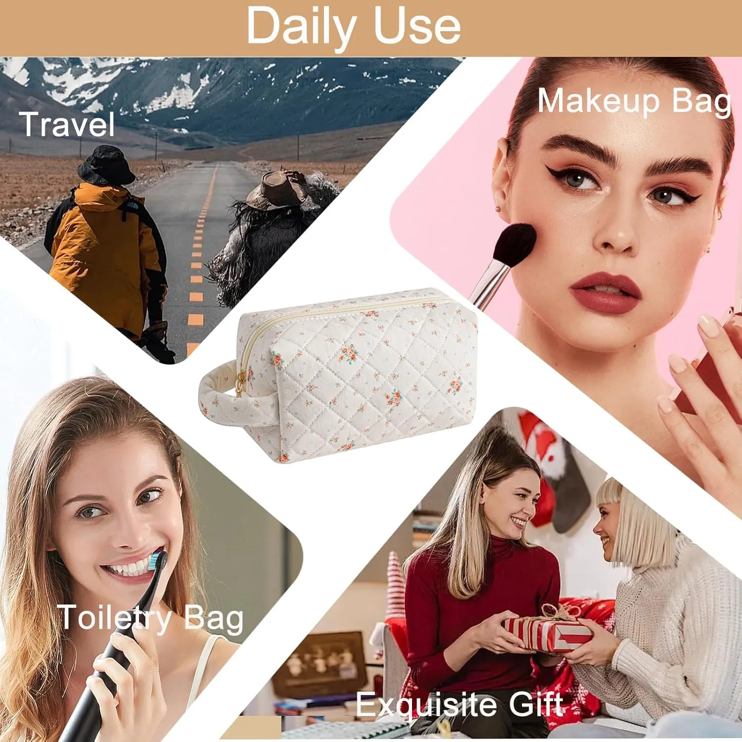 Makeup Bag Travel Cosmetic Bag for Women, Zipper Make Up Pouch, Floral Flowers Toiletry Organizer Makeup with Handle, Cosmetic Travel Cloth Bag (Beige Floral)
