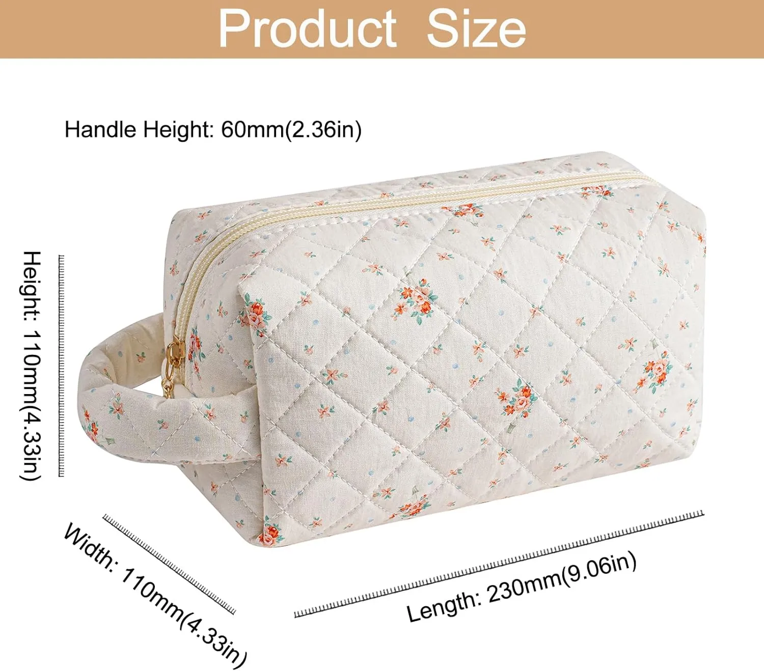 Makeup Bag Travel Cosmetic Bag for Women, Zipper Make Up Pouch, Floral Flowers Toiletry Organizer Makeup with Handle, Cosmetic Travel Cloth Bag (Beige Floral)