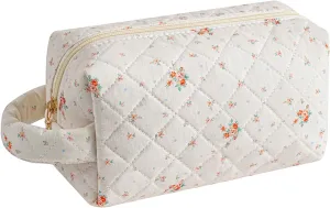 Makeup Bag Travel Cosmetic Bag for Women, Zipper Make Up Pouch, Floral Flowers Toiletry Organizer Makeup with Handle, Cosmetic Travel Cloth Bag (Beige Floral)