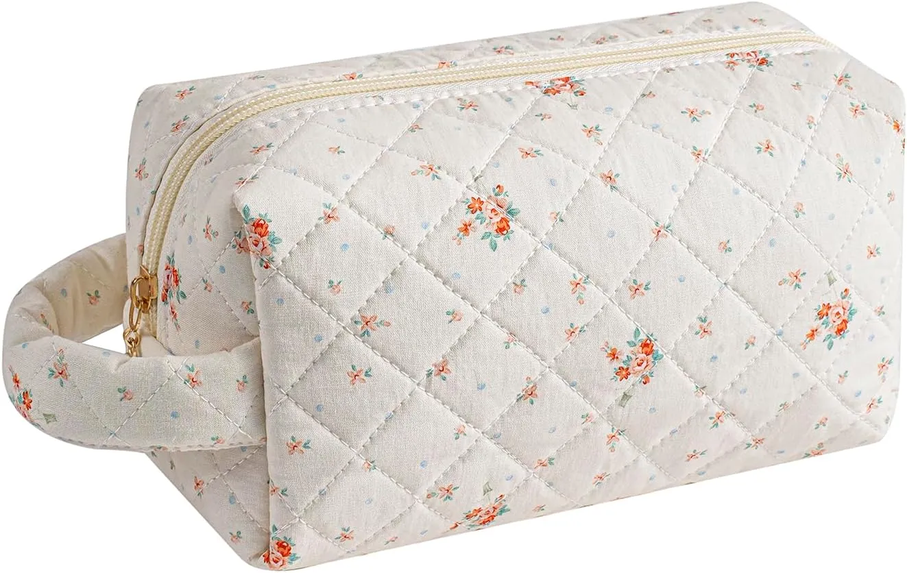 Makeup Bag Travel Cosmetic Bag for Women, Zipper Make Up Pouch, Floral Flowers Toiletry Organizer Makeup with Handle, Cosmetic Travel Cloth Bag (Beige Floral)