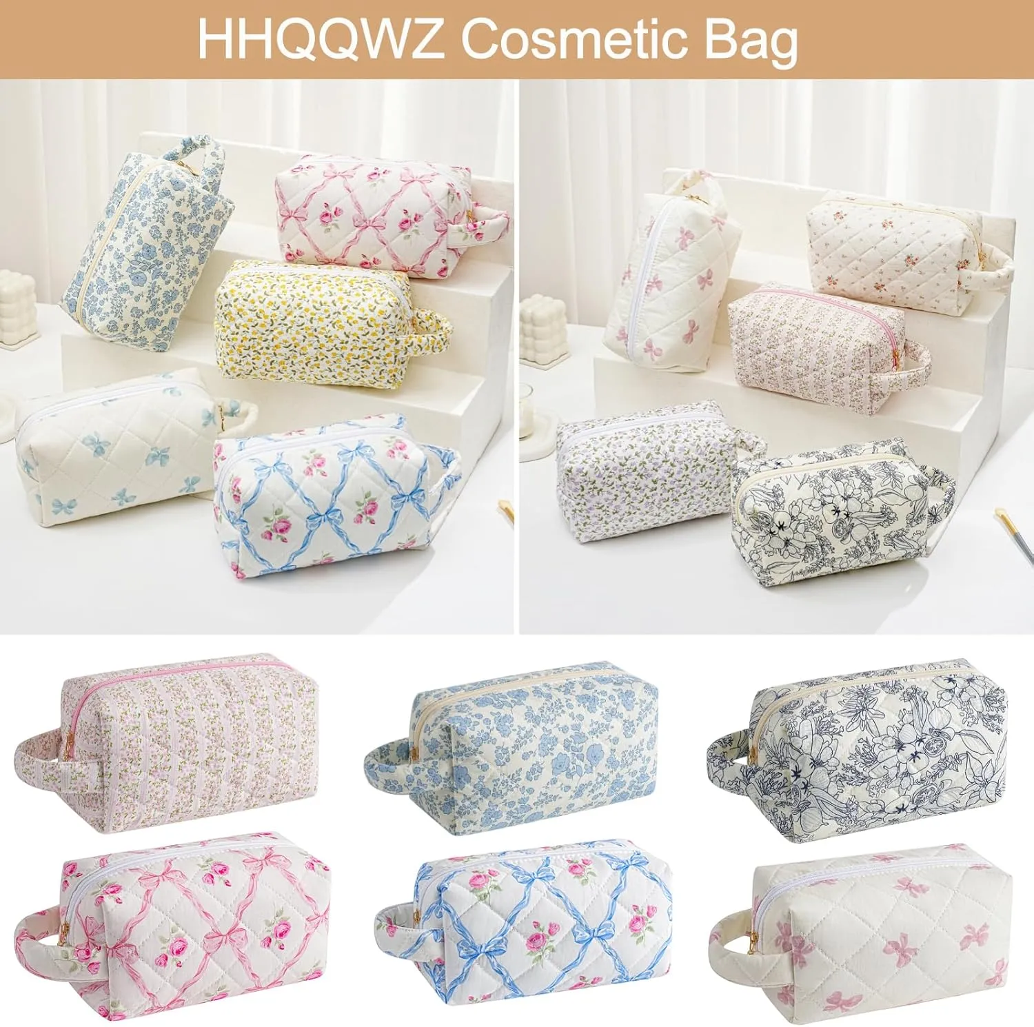 Makeup Bag Travel Cosmetic Bag for Women, Zipper Make Up Pouch, Floral Flowers Toiletry Organizer Makeup with Handle, Cosmetic Travel Cloth Bag (Beige Floral)