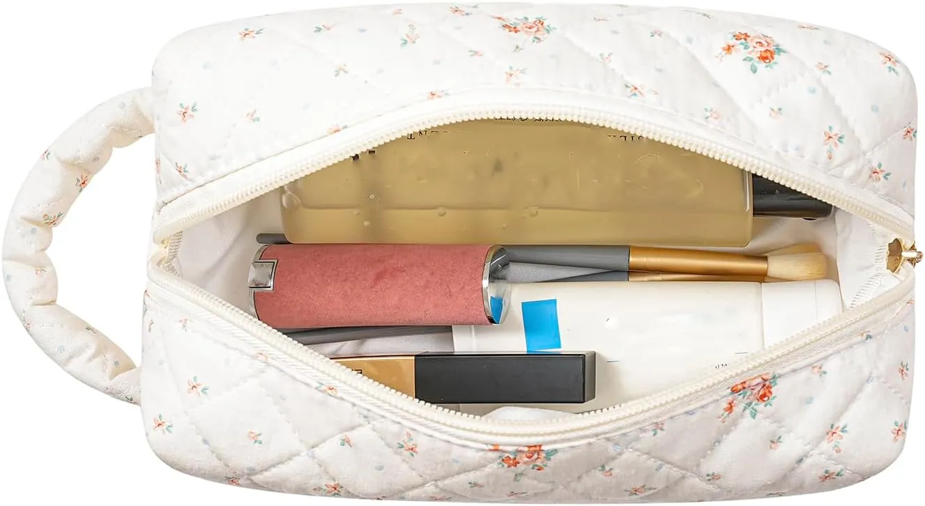 Makeup Bag Travel Cosmetic Bag for Women, Zipper Make Up Pouch, Floral Flowers Toiletry Organizer Makeup with Handle, Cosmetic Travel Cloth Bag (Beige Floral)