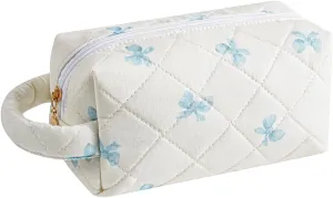 Makeup Bag Travel Cosmetic Bag for Women, Zipper Make Up Pouch, Floral Flowers Toiletry Organizer Makeup with Handle, Cosmetic Travel Cloth Bag (Blue Bow Tie)