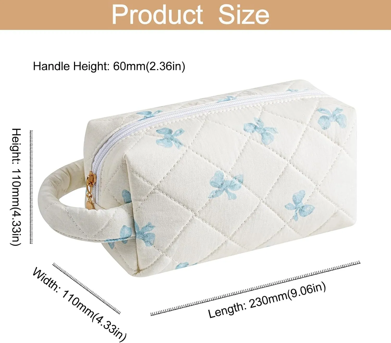 Makeup Bag Travel Cosmetic Bag for Women, Zipper Make Up Pouch, Floral Flowers Toiletry Organizer Makeup with Handle, Cosmetic Travel Cloth Bag (Blue Bow Tie)