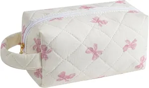 Makeup Bag Travel Cosmetic Bag for Women, Zipper Make Up Pouch, Floral Flowers Toiletry Organizer Makeup with Handle, Cosmetic Travel Cloth Bag (Pink Bow Tie)