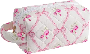 Makeup Bag Travel Cosmetic Bag for Women, Zipper Make Up Pouch, Floral Flowers Toiletry Organizer Makeup with Handle, Cosmetic Travel Cloth Bag (Pink Bowknot)