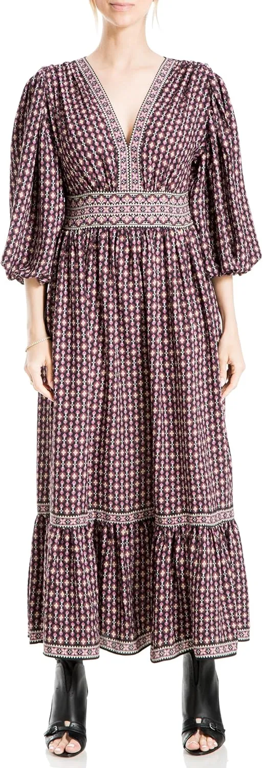 Max Studio Women's 3/4 Puff Sleeve V-Neck Maxi Dress