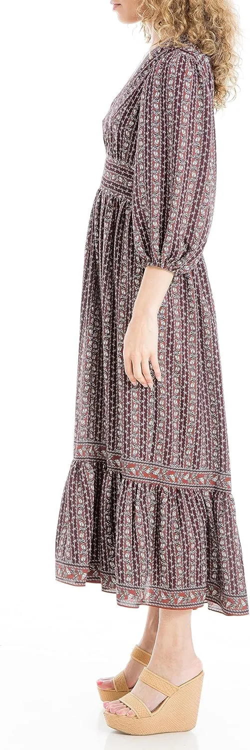 Max Studio Women's 3/4 Puff Sleeve V-Neck Maxi Dress