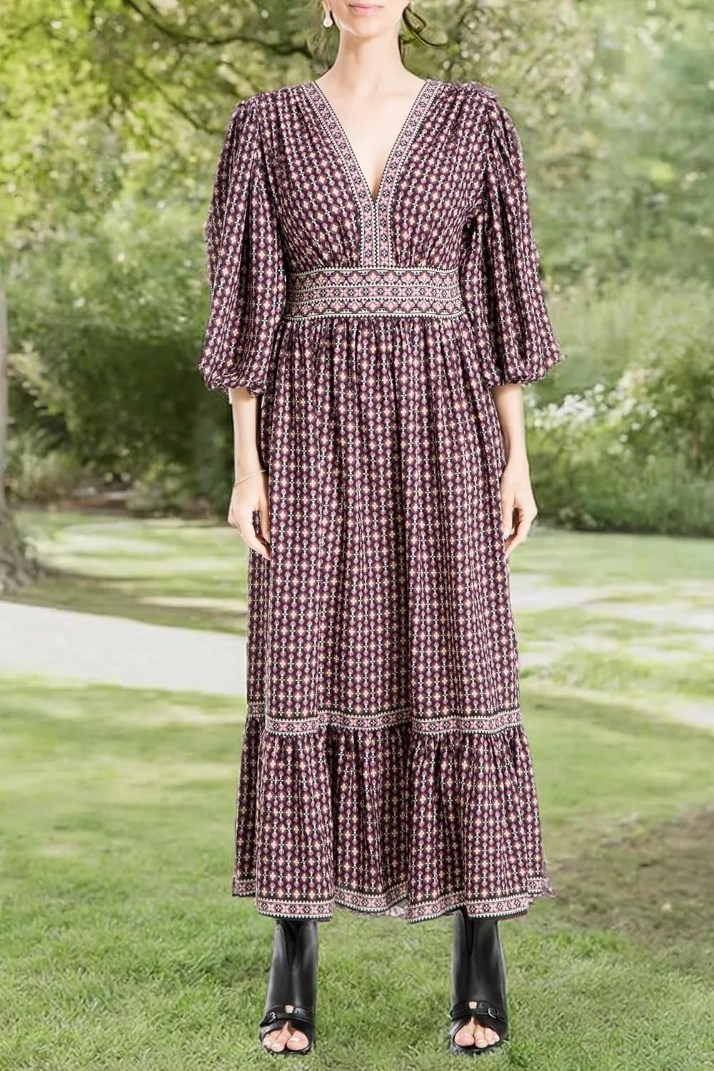 Max Studio Women's 3/4 Puff Sleeve V-Neck Maxi Dress