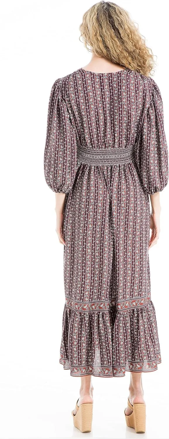Max Studio Women's 3/4 Puff Sleeve V-Neck Maxi Dress