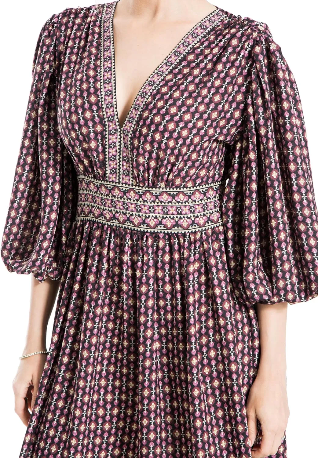 Max Studio Women's 3/4 Puff Sleeve V-Neck Maxi Dress