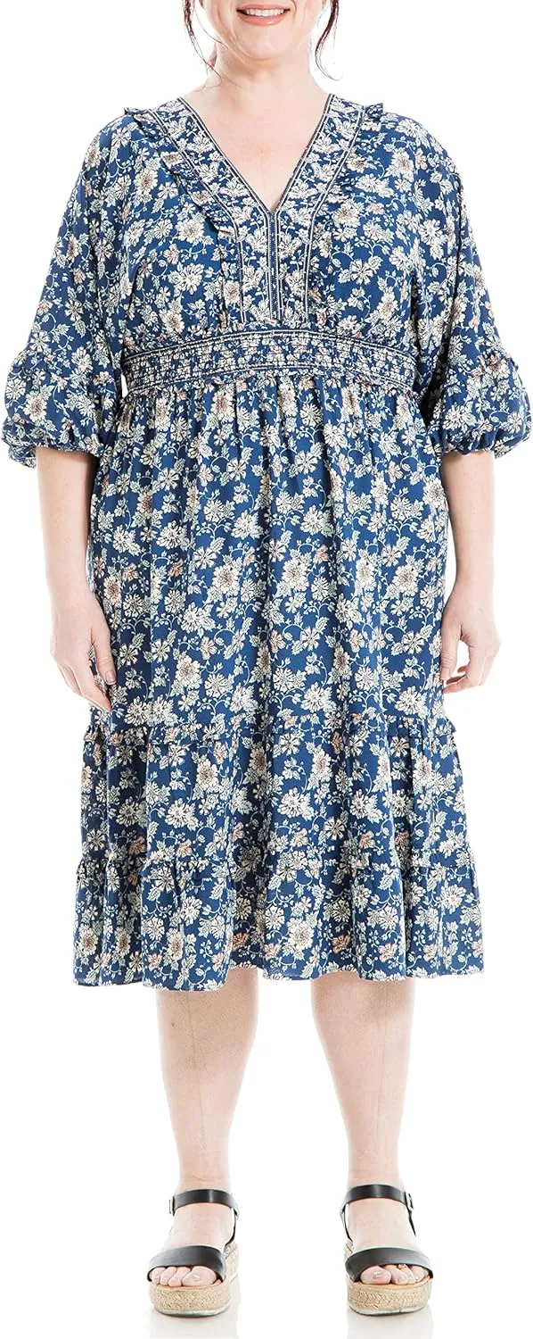 Max Studio Women's Plus Size 3/4 Sleeve V Neck Tiered Dress