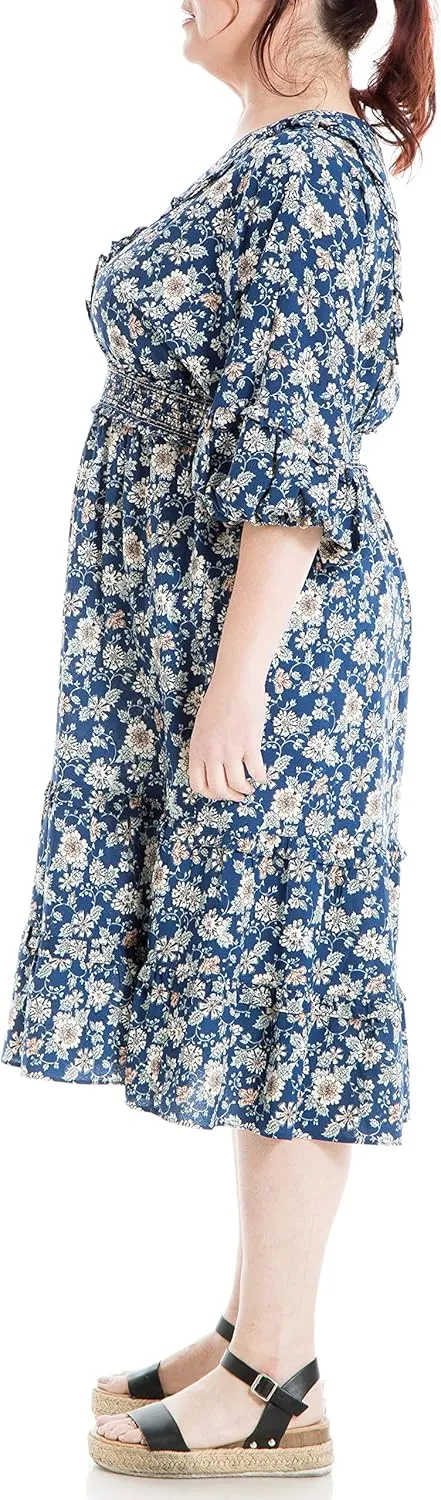 Max Studio Women's Plus Size 3/4 Sleeve V Neck Tiered Dress