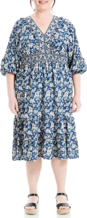 Max Studio Women's Plus Size 3/4 Sleeve V Neck Tiered Dress
