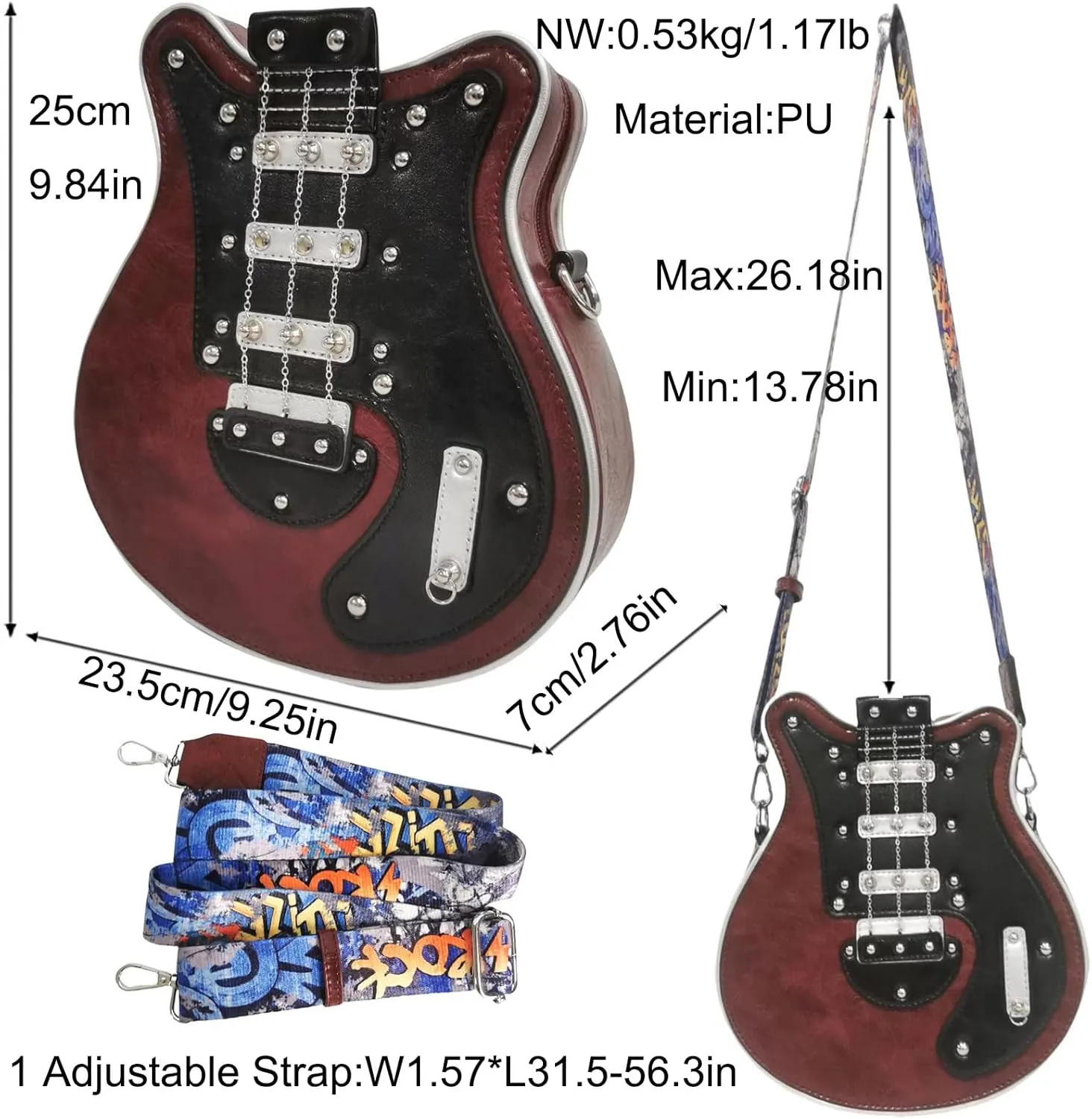 Men and Women Music Guitar Shaped Crossbody Shoulder Bag PU Leather Unique Novelty Guitar Purse