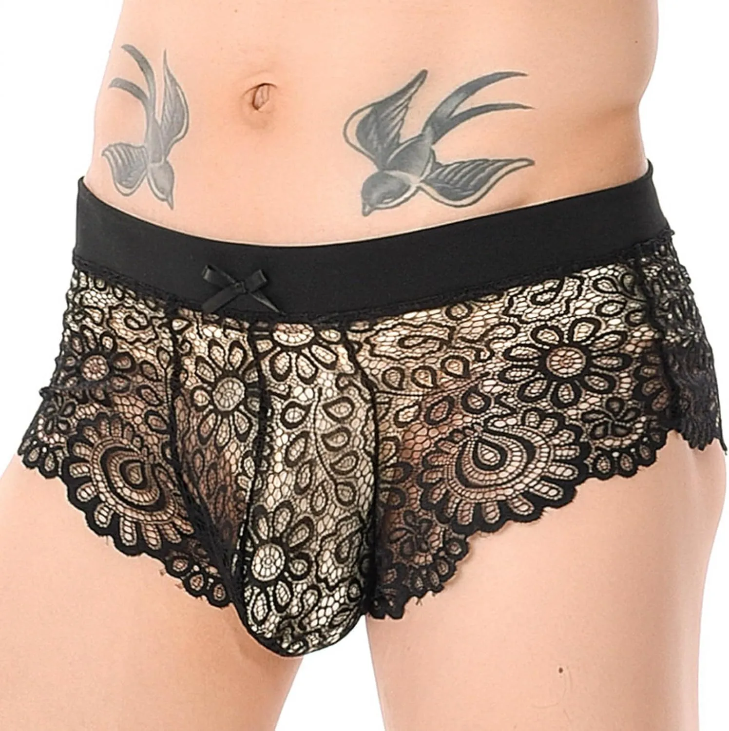 Men Lingerie Lace Boxers Brief With Ball Pouch Sheer Underwear Sexy Husband Boyfriend Valentine Dating Sissy Panties