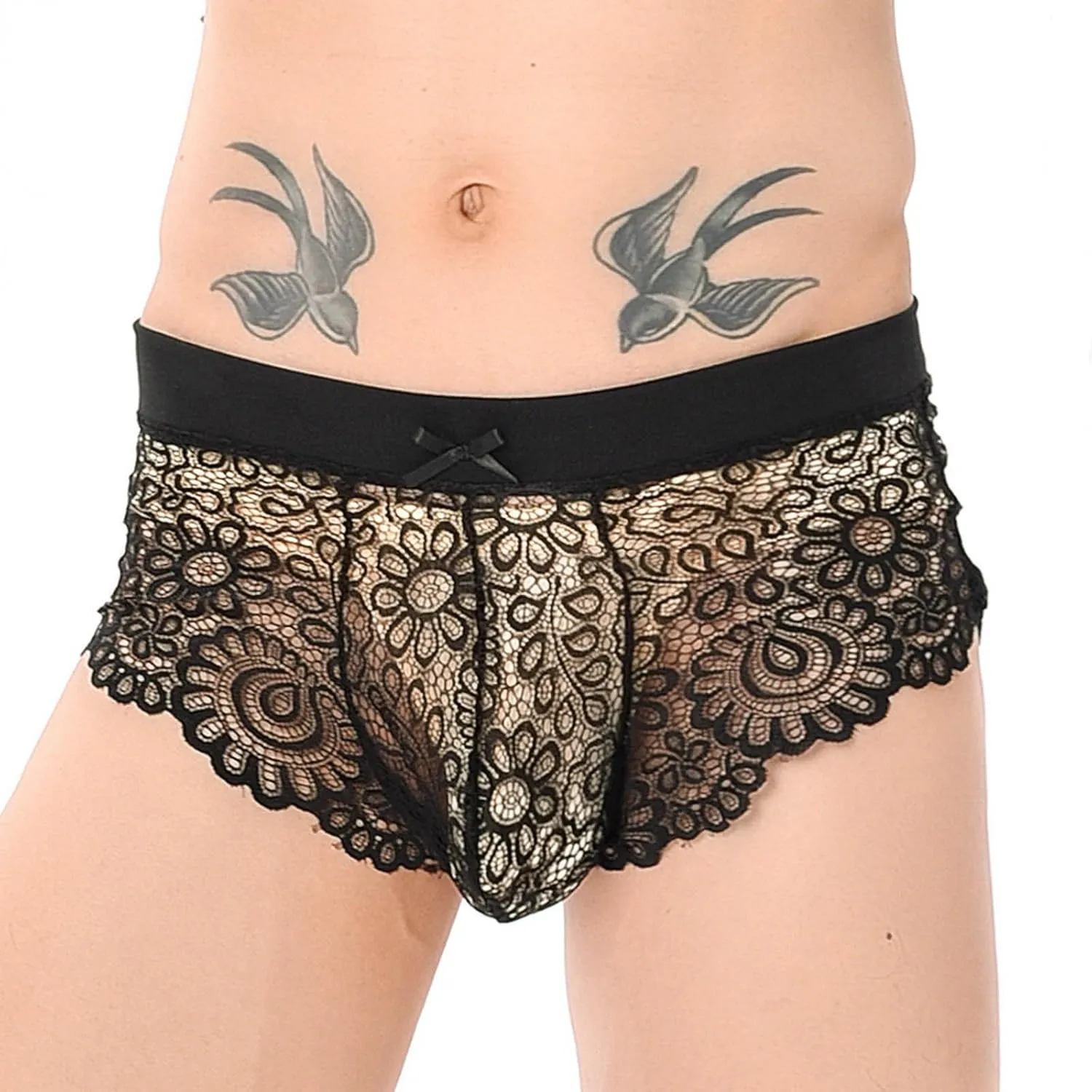 Men Lingerie Lace Boxers Brief With Ball Pouch Sheer Underwear Sexy Husband Boyfriend Valentine Dating Sissy Panties
