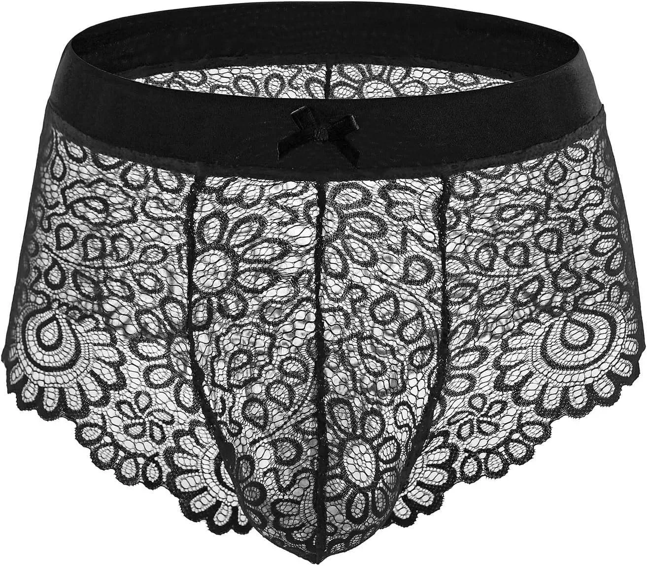 Men Lingerie Lace Boxers Brief With Ball Pouch Sheer Underwear Sexy Husband Boyfriend Valentine Dating Sissy Panties
