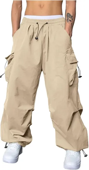 Men's Baggy Cargo Pants Casual Loose Fit Wide Leg Elastic Waist Pant Streetwear with Multiple Pockets