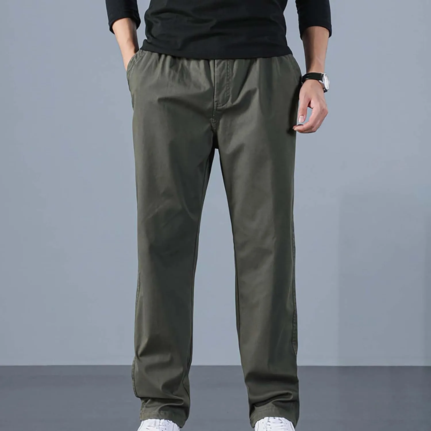 Mens Casual Cargo Pants Loose Fit Open Bottom Outdoor Hiking Pants for Men Elastic Waist Straight Leg Work Trousers
