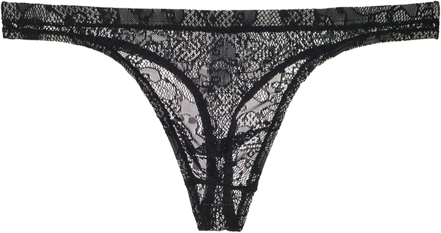 Men's Lace Frilly Thong Panties Sheer Mesh Boxer Briefs Semi Sheer T-back G-string Underwear Lingerie for Men Black