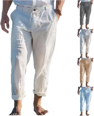Men's Linen Trousers Lightweight Drawstring Breathable Pants Solid Color Casual Pant Summer Beach Shorts with Pockets
