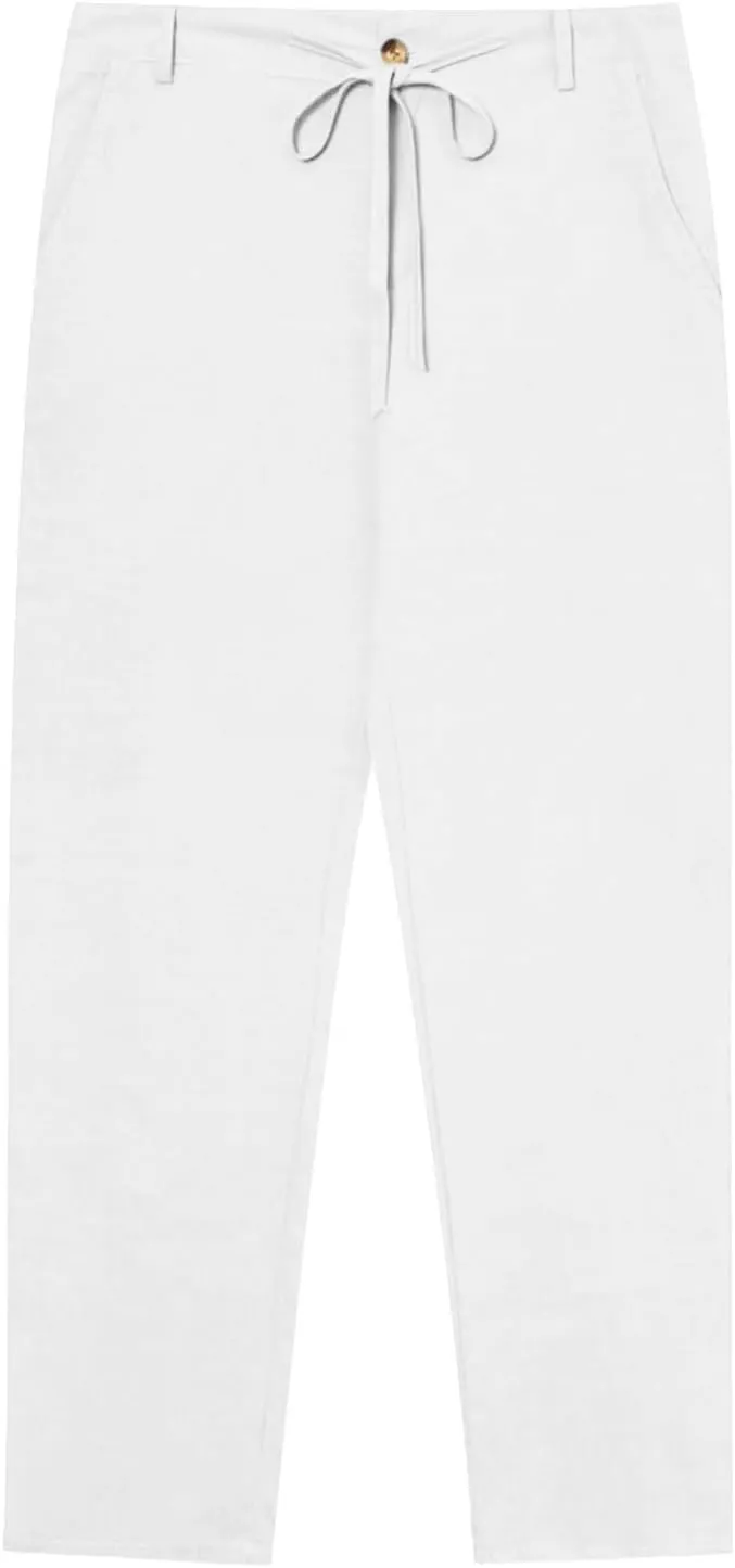 Men's Linen Trousers Lightweight Drawstring Breathable Pants Solid Color Casual Pant Summer Beach Shorts with Pockets