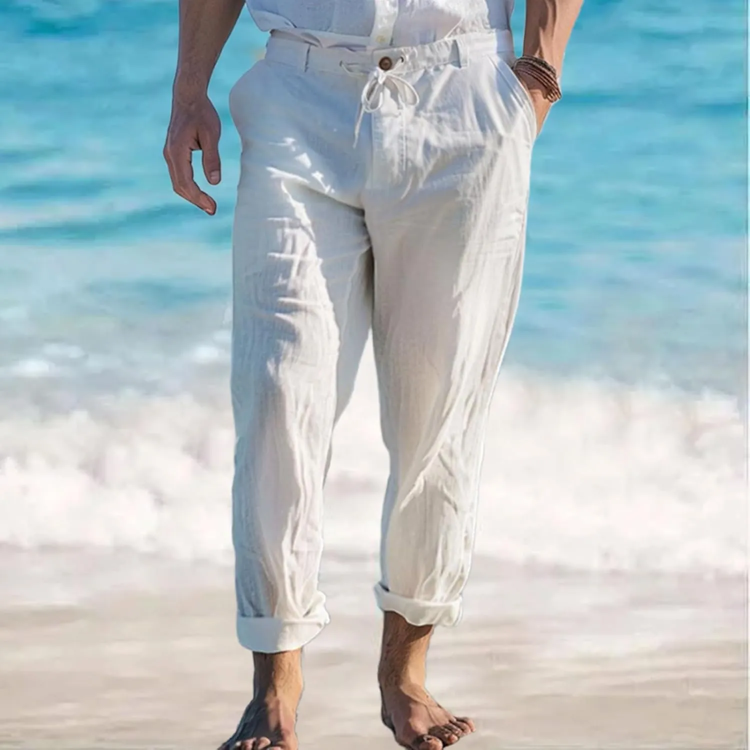 Men's Linen Trousers Lightweight Drawstring Breathable Pants Solid Color Casual Pant Summer Beach Shorts with Pockets