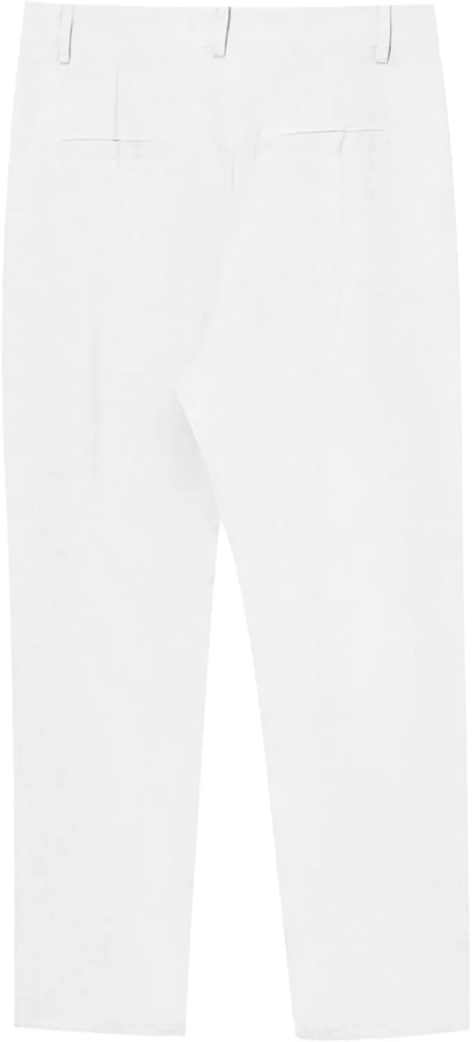 Men's Linen Trousers Lightweight Drawstring Breathable Pants Solid Color Casual Pant Summer Beach Shorts with Pockets