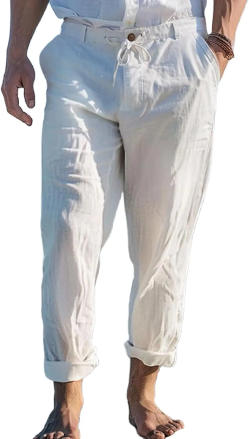 Men's Linen Trousers Lightweight Drawstring Breathable Pants Solid Color Casual Pant Summer Beach Shorts with Pockets