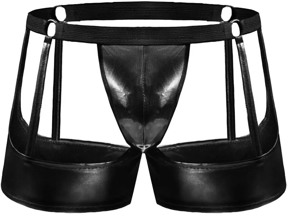 Mens Sexy Thong PU Faux Leather Underwear Hot Erotic Uniform See Through Shiny Matte Leather Short Pants