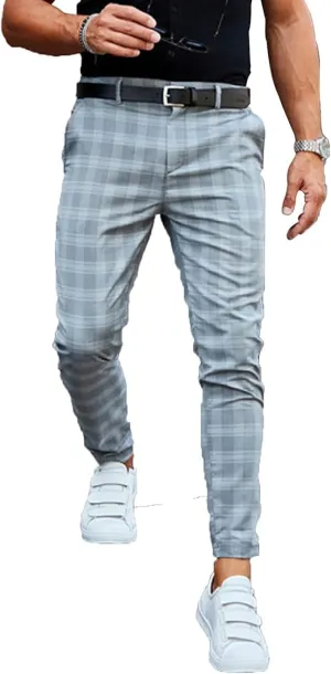 Men's Slim Fit Chino Pants Stretch Skinny Plaid Flat Front Trousers Casual Fashion Business Dress Pants
