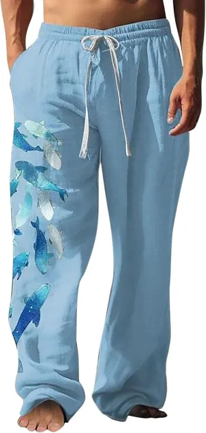 Mens Summer Print Linen Pants Wide Leg Loose Fit Elatic Waist Casaul Pants Straight Leg Drawstrings Outdoor Hemp Trousers