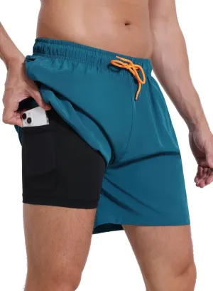 Mens Swim Trunks with Compression Liner Quick Dry Beach Shorts with Zipper Pockets