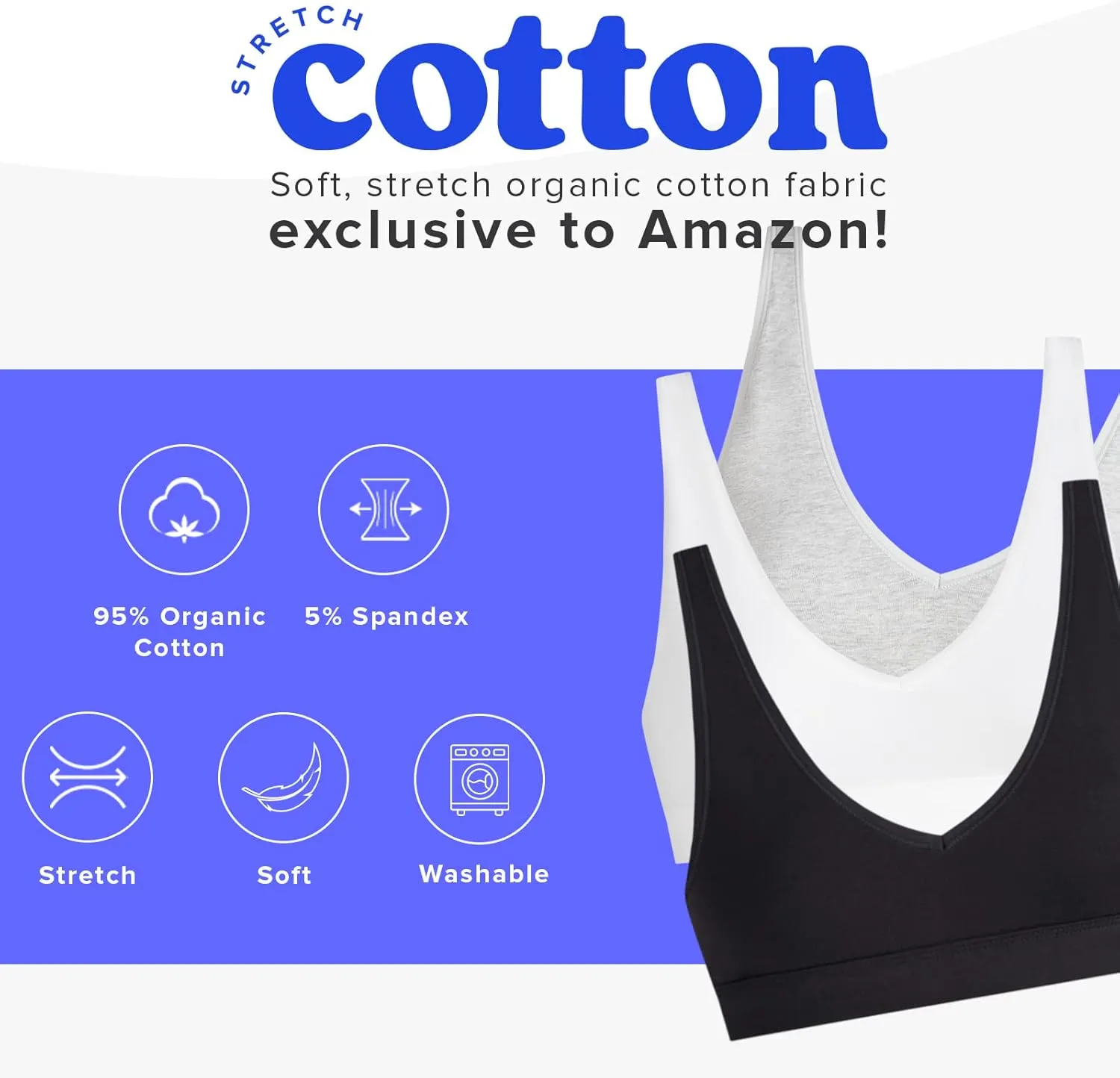 MeUndies Stretch Cotton V-Neck Bra for Women No Underwire - Amazon Exclusive Fabric - 3 Pack