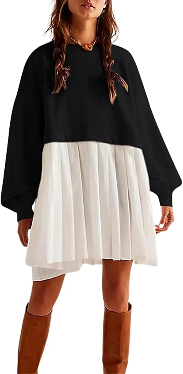 Oversized Sweatshirt Dress Women Long Sleeve Crew Neck Patchwork Pullover Tops Sweatshirt Jump Mini Dress