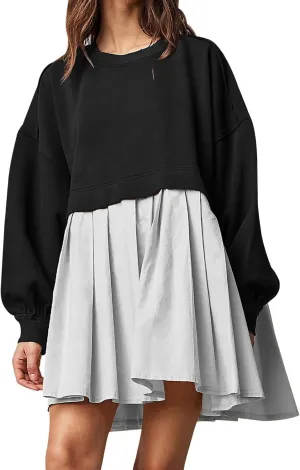 Oversized Sweatshirt Dress Women Long Sleeve Crew Neck Patchwork Pullover Tops Sweatshirt Jump Mini Dress