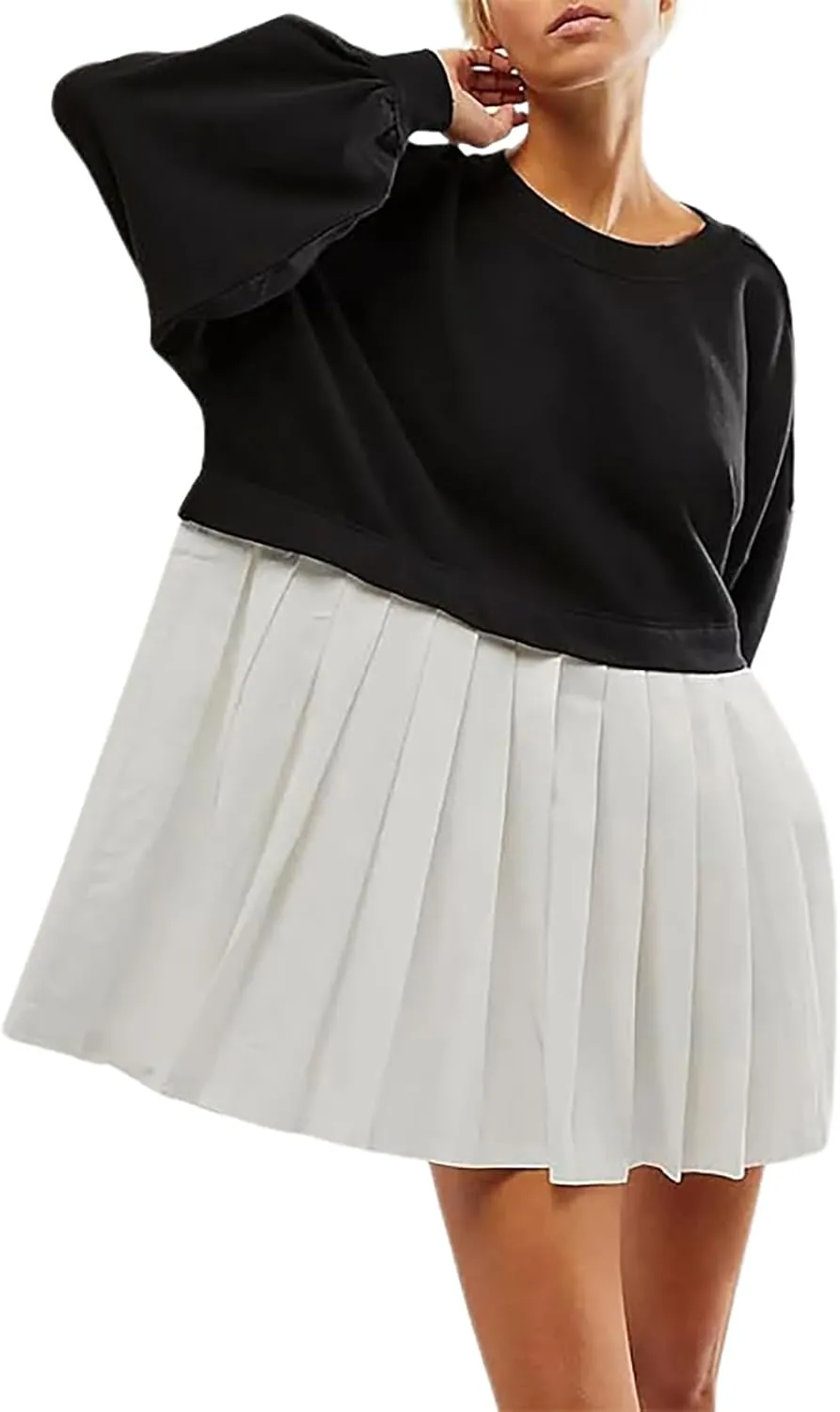 Oversized Sweatshirt Dress Women Long Sleeve Crew Neck Patchwork Pullover Tops Sweatshirt Jump Mini Dress