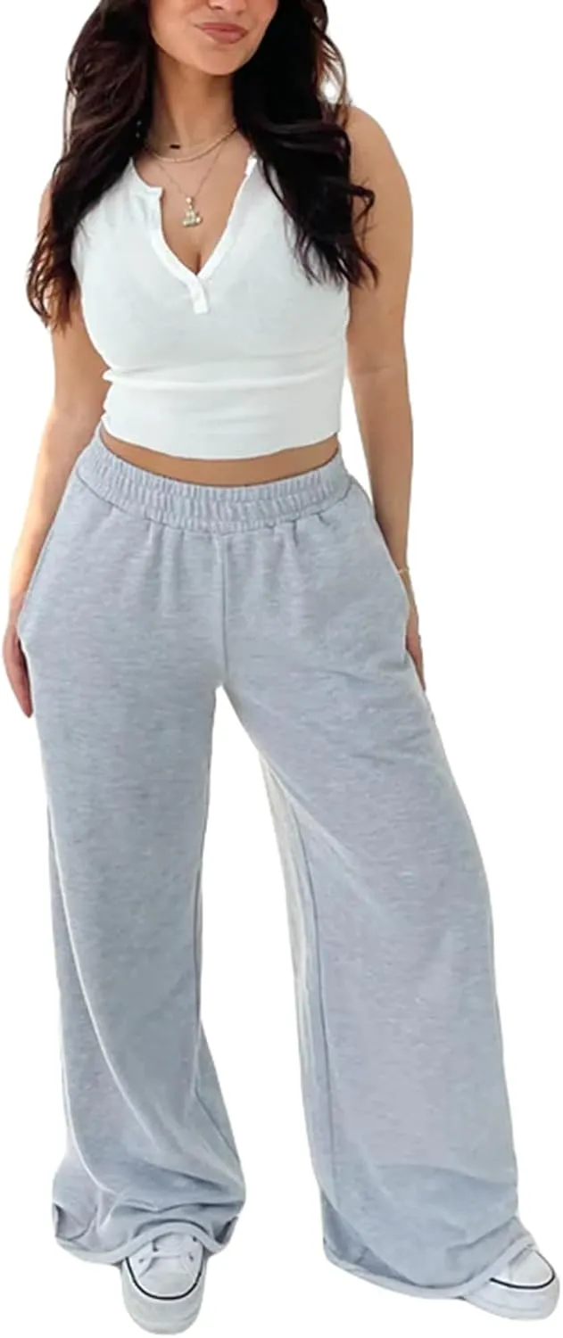 Owl's-Yard Women Wide-Leg Pants Elastic High Waist Loose Trousers Teen Girls Baggy Straight Leg Sweatpants Fall Bottom