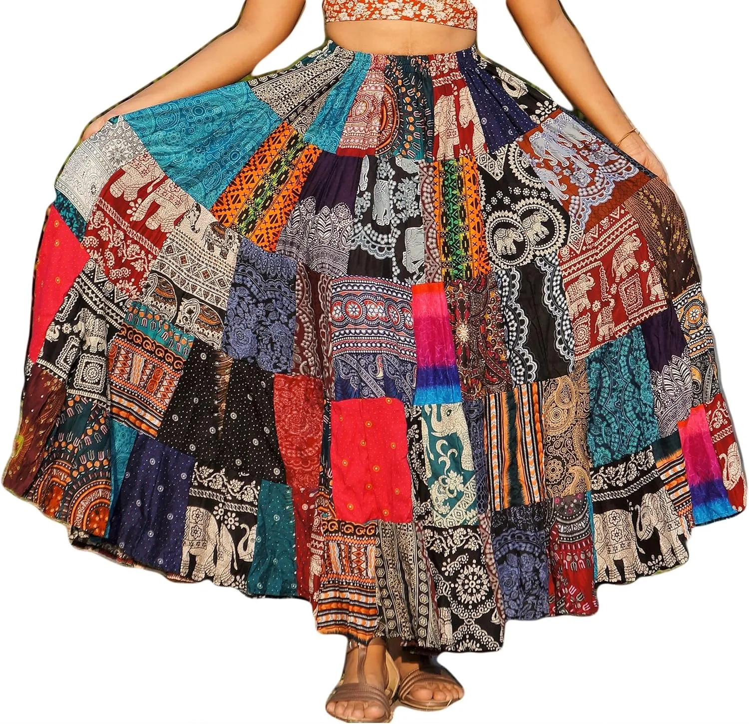 Patchwork Skirt Long Boho Colorful Unique Gypsy Tiered Maxi Full Flared Rayon, Multicoloured, Large