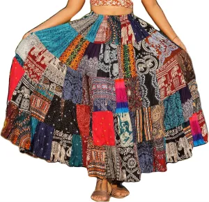 Patchwork Skirt Long Boho Colorful Unique Gypsy Tiered Maxi Full Flared Rayon, Multicoloured, Large