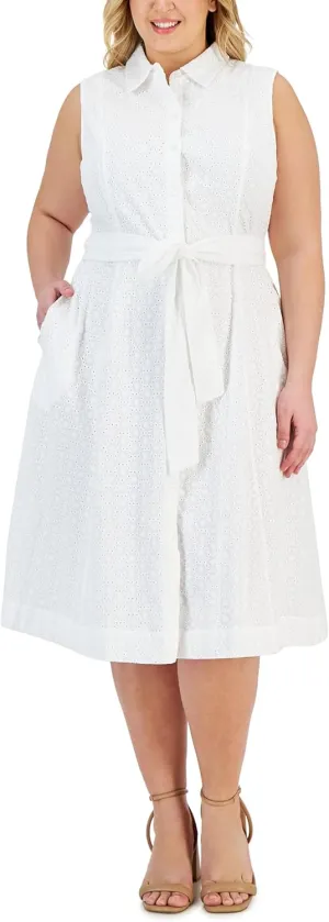 Plus Size Tie Waist Eyelet Midi Shirtdress Bright White 22W