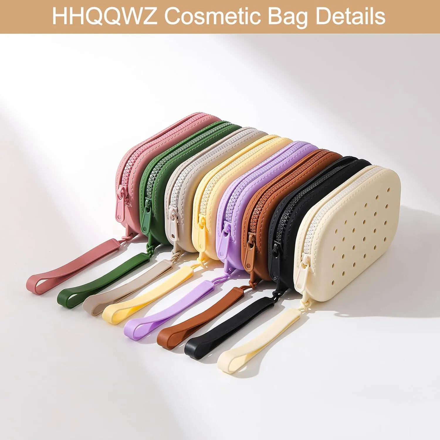 Portable Silicone Makeup Bag for Women, Small Travel Toiletry Cosmetic Bag with Decorative Holes, Zipper Closure Organizer Makeup Case with Handle (Brown)