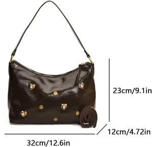 PU Leather Shoulder Bag, Soft Heart Rivet Top Handle Satchel Fashion Ladies Purse for Women Work Shopping Travel